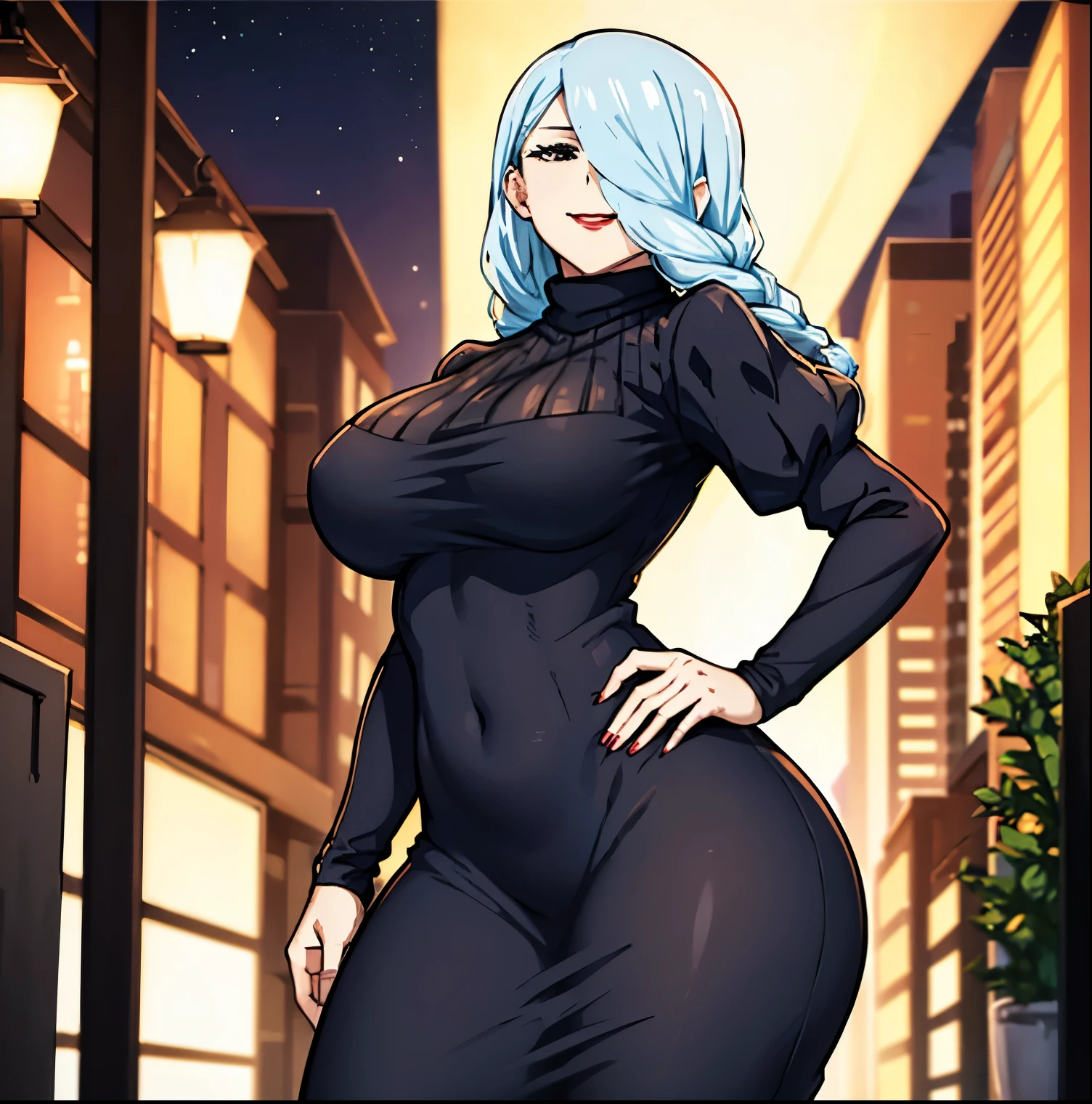 1 girl, alone, mei mei long hair, braid, hair over one eye, dress, smile, black dress, looking at viewer, pov (from below), breasts; large, medium waist, wide hips, wide thighs, round butt, long sleeves, braided bangs, large breasts, blue hair, braided ponytail, turtleneck sweater dress, cowboy shot, build, red lips, gray hair, one eye covered, puffy sleeves, red lipstick, closed mouth, sweater guy in turtleneck, looking back, from behind, ass focus, standing, black eyes, half closed eyes, curves, wide hips, covered navel, impossible clothing, outdoors, night, sky, clouds, stars, streetlights , Lights, buildings, plants, bushes, (squint:1.2), (squint:1.2), break masterpiece, best quality, highly detailed background, perfect lightingbest quality, ((glowing skin, glowing skin, detailed skin)) ,perfect anatomy,perfect hands