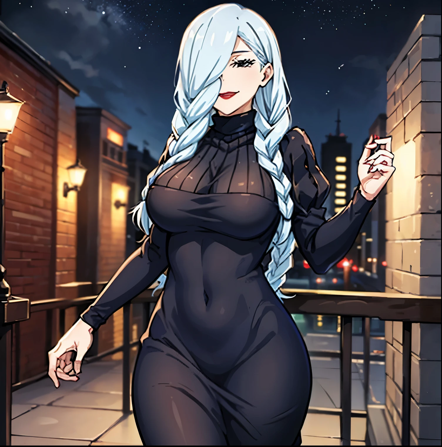 1 girl, alone, mei mei long hair, braid, hair over one eye, dress, smile, black dress, looking at viewer, pov (from below), breasts; large, medium waist, wide hips, wide thighs, round butt, long sleeves, braided bangs, large breasts, blue hair, braided ponytail, turtleneck sweater dress, cowboy shot, build, red lips, gray hair, one eye covered, puffy sleeves, red lipstick, closed mouth, sweater guy in turtleneck, looking back, from behind, ass focus, standing, black eyes, half closed eyes, curves, wide hips, covered navel, impossible clothing, outdoors, night, sky, clouds, stars, streetlights , Lights, buildings, plants, bushes, (squint:1.2), (squint:1.2), break masterpiece, best quality, highly detailed background, perfect lightingbest quality, ((glowing skin, glowing skin, detailed skin)) ,perfect anatomy,perfect hands