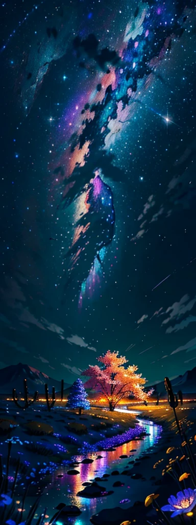 Extensive landscape photography, (view from below overlooking the sky and desert below), /1 flower (Macrofocus on button 1.3) (neon glow),(Large flower) (Focus on the flower, bottom focus 1.4), glowing light, Colorful, Best quality at its best, masterpiece, Improved dynamic viewing angle, night scene, moon, shimmering under the moonlight, A river of stars flows before him), Sparkling Brook, Blooming Flower, Luminous effect, Ultra detailed, Works of the Master, High quality, Depth of field, epic shoot, High quality, Ultra detail,standing in a flower field and looking up, (полная moon: 1.2), (falling star: 0.9), (nebula: 1.3), distant mountain, art of tree making, (warm light source: 1.2), (firefly: 1.2), lamp, purple and orange, An intricate detail, volumetric lighting BREAK (masterpiece: 1.2), (Highest quality), 4K, super detailed, (dynamic configuration: 1.4), highly detailed and colorful (iridescent: 1.2), (shine