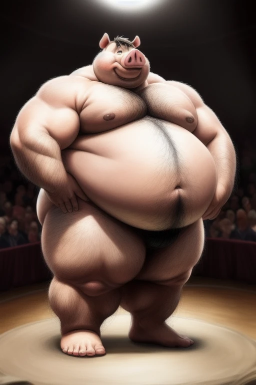 ((Masterpiece)),((Hight quality)),((Hught Detailed)),((Realistic,)) Anime Artistic masterpiece art, Morbid Obese Piglet kid while Anatomy of character, Sumo wrestler Furry character, Long shot photo, Real life (Massive, broad shoulders, strong legs and arms, hairy) Obese muscle citizen (massive obese, strong legs and arms, hairy, incredibly big looking), Anatomy of character, He is a fattening pig boy in which he has spent his entire life fattening up for a really fat pig contest, when it is his turn he goes on stage to be judged and awarded as the biggest and fattest pig in the world.