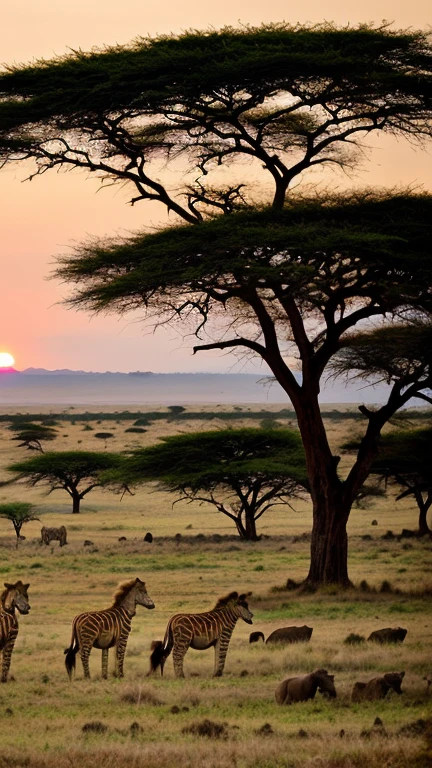 Showcase the wild beauty of Serengeti National Park with expansive landscapes and wild animals moving freely. Picture vast grasslands with an abundance of wildlife such as lions, giraffes, zebras and elephants. Create an atmosphere that captures the beauty of Africa's wild nature with dramatic sunset views in the distance.