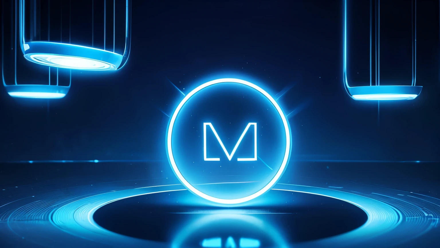 technology blue future technology digital future lighting scene business background ，Background with lights forming the letter M，Round stage，abstract、Gorgeous lighting。geometry