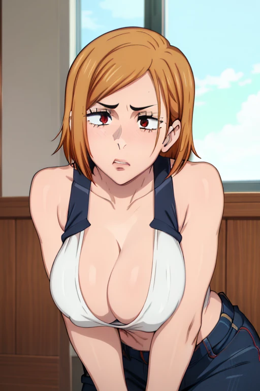 (Best Quality, masterpiece, High resolution, anime screen cap, anime colours), Orange hair, Nobara Kugisaki, Lewd Face:1.3, (large full breasts:1.5), cleavage, (Thin fabric, White tank top:1.8, no-bra:1.5), Slimed, Lower your arms, squeezing breasts:1.5, Leaning forward, Upper body, Bedrooms, (Perfect Anatomy, perfect detailed body, Eyes and hair in beautiful detail, Beautiful breasts and skin), blowjob, nipples hard, nipples visible