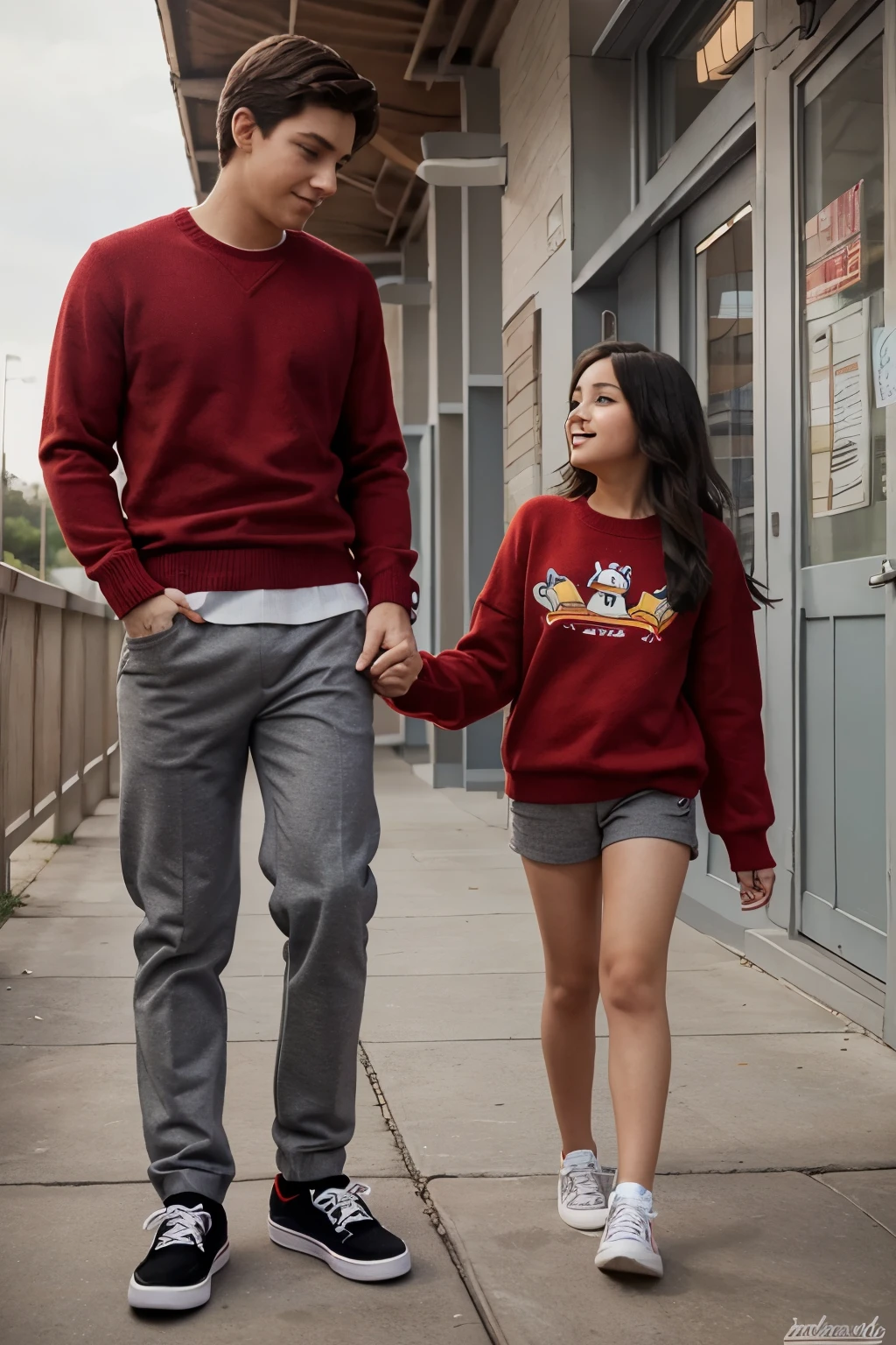 Create a Disney Pixar style drawing with a boy and a girl with red sweaters and gray pants with black shoes, cargando cosas de la escuela 