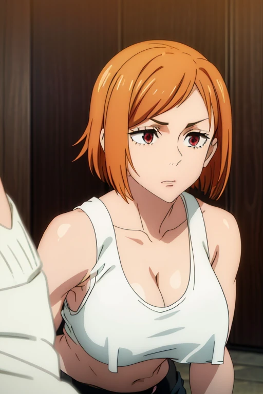 (Best Quality, masterpiece, High resolution, anime screen cap, anime colours), Orange hair, Nobara Kugisaki, Lewd Face:1.3, (large full breasts:1.5), cleavage, (Thin fabric, White tank top:1.8, no-bra:1.5), Slimed, Lower your arms, squeezing breasts:1.5, Leaning forward, Upper body, Bedrooms, (Perfect Anatomy, perfect detailed body, Eyes and hair in beautiful detail, Beautiful breasts and skin), blowjob, nipples hard, nipples visible