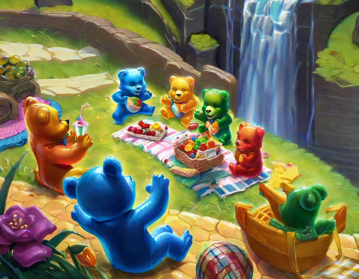 Disney's The Gummy Bears, having a picnic by a waterfall
