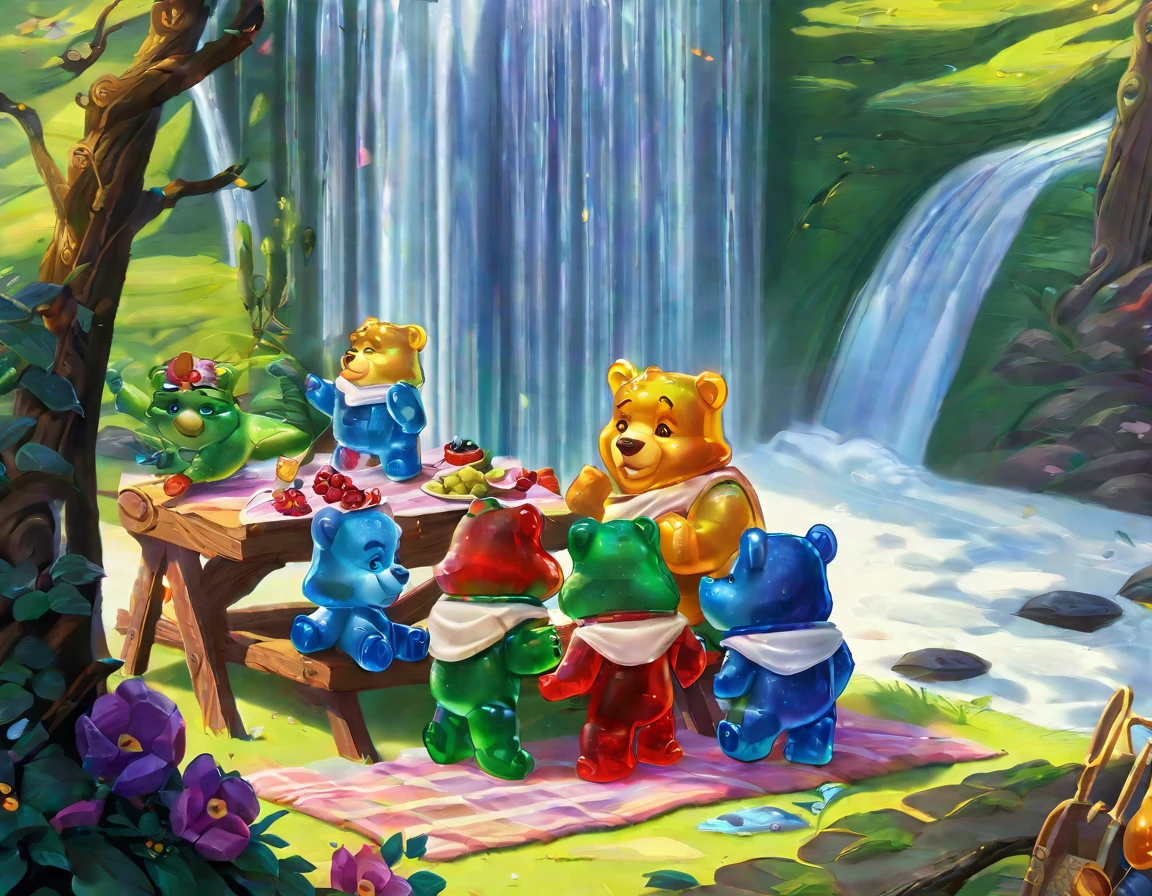 Disney's The Gummy Bears, having a picnic by a waterfall