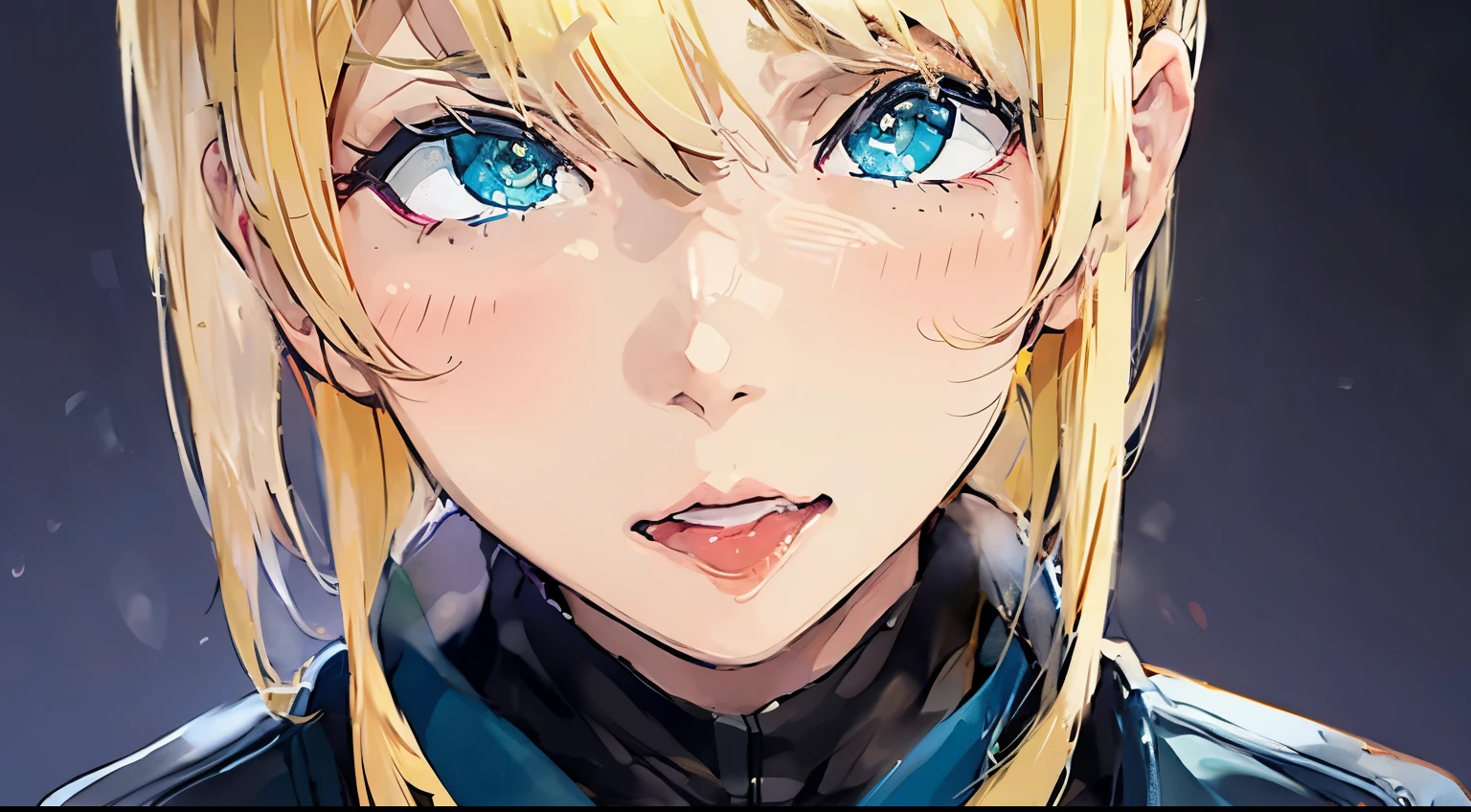 ahegao (fucked silly / sexual ecstasy)、blonde、amount、Green Leather Shirt、Face Up、smile、Ahegao、High resolution, 1 Girl, Korean, Eyes with heterochromia, Small mole under eye,