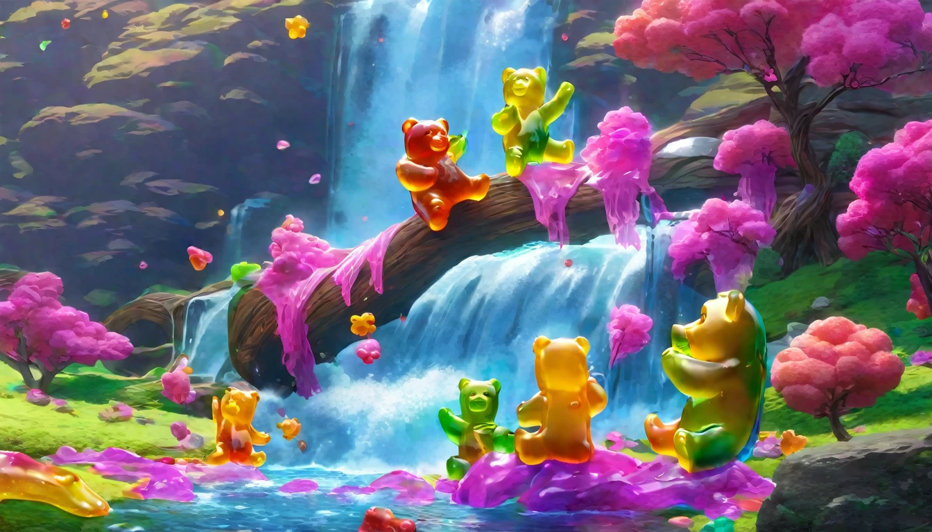 a group of gummy bears having a picnic by a beautiful waterfall, colorful gummy bear characters, cute and whimsical, high detail, vibrant colors, soft lighting, photorealistic, 8k, hyperdetailed