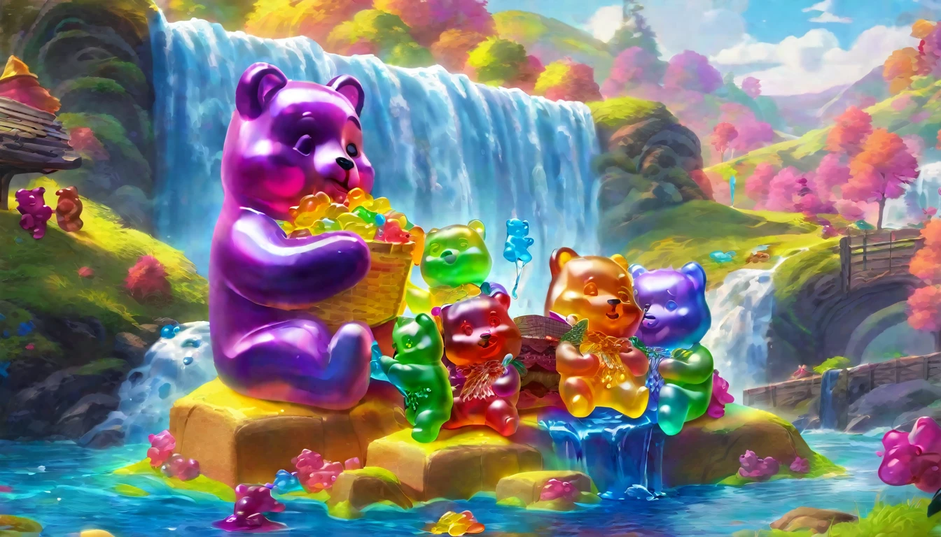 a group of gummy bears having a picnic by a beautiful waterfall, colorful gummy bear characters, cute and whimsical, high detail, vibrant colors, soft lighting, photorealistic, 8k, hyperdetailed