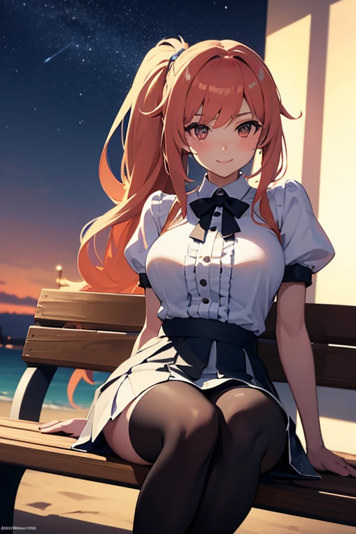 A high resolution, Ultra detailed, (1girll:1.3), (Dynamic pose):1.0 BREAK, 1 extremely beautiful and glamorous anime girl sitting on the park bench at night, wearing a white collard shirt and a knee-length long pleats skirt, (Black stockings), she has red wavy pony-tail hair style, huge-breasted, Smile, cheerfulness, Wind, 8 life size, Detailed clothes, Detailed body, detailed arms, human hand, Detailed hands, upperbody shots, Hip focus, Blush, Light smile, looking a viewer, Facing the viewer, staring at the audience, The beach is brightly lit around，with stars shining in the sky, Studio soft light, Cinematic light, Detailed background, Realistic, Ultra-realistic, Masterpiece, 32k ultra-sharp image,