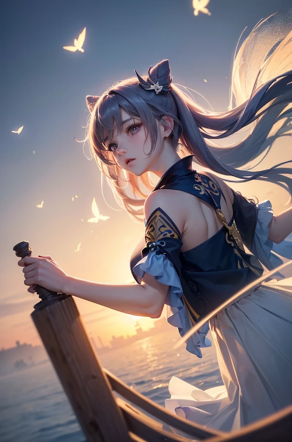 [keqingrnd]:1.5,((masterpiece,highest quality,Highly detailed images,Beautiful images))1.4(keqing images、Cities with waterways、Beautiful waterways、The wind is blowing、Overall dim lighting、Backlight、A fantastic atmosphere、Thick Fog、Dust flutters)1.3,(Close-up)1.1
