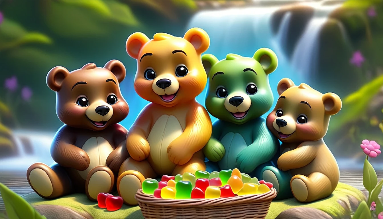 A group of gummy bears having a picnic by a beautiful waterfall in a lush forest, colorful and whimsical, highly detailed, vibrant colors, soft lighting, cartoon style, 1girl, 3bears, picnic basket, wildflowers, detailed facial features, cute and adorable, masterpiece, 8k, photorealistic