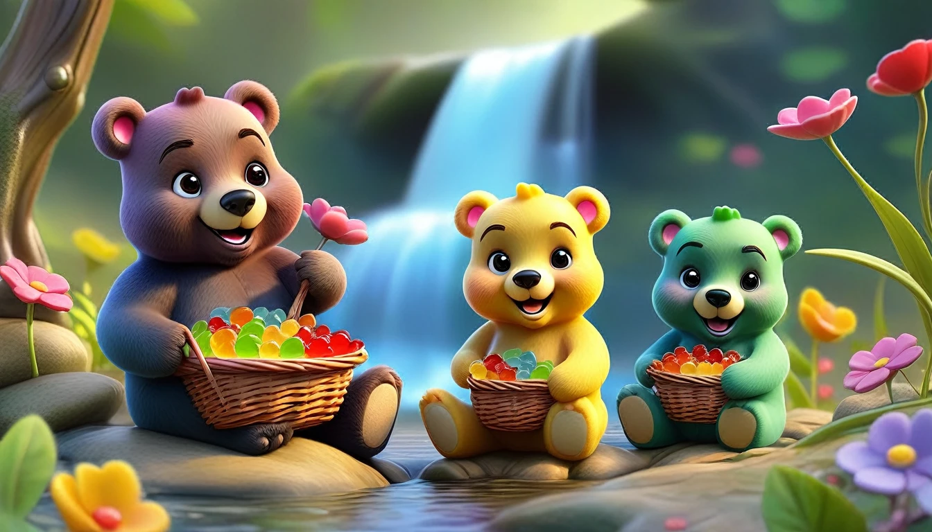 A group of gummy bears having a picnic by a beautiful waterfall in a lush forest, colorful and whimsical, highly detailed, vibrant colors, soft lighting, cartoon style, 1girl, 3bears, picnic basket, wildflowers, detailed facial features, cute and adorable, masterpiece, 8k, photorealistic