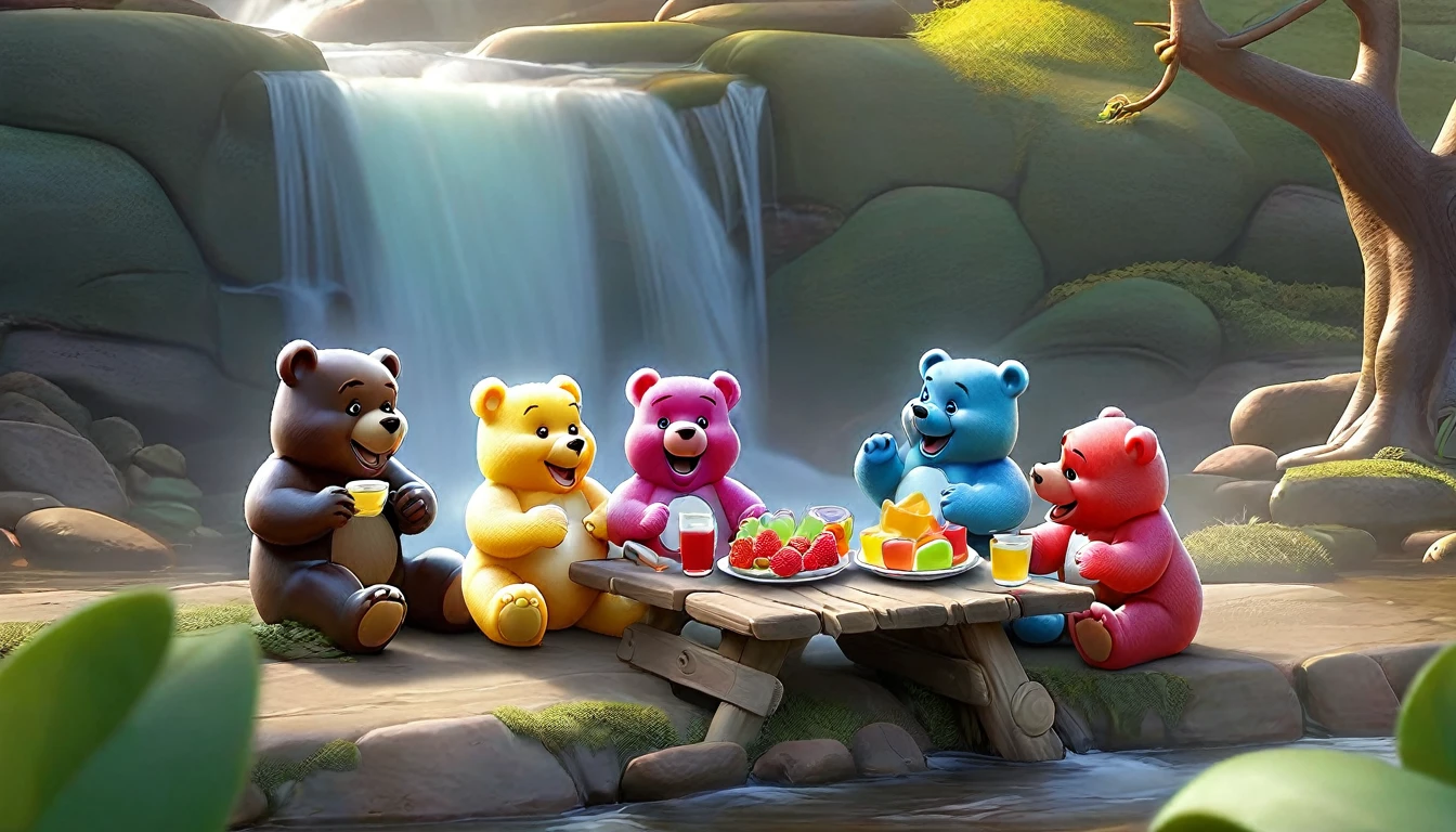 Disney's The Gummy Bears, having a picnic by a waterfall
