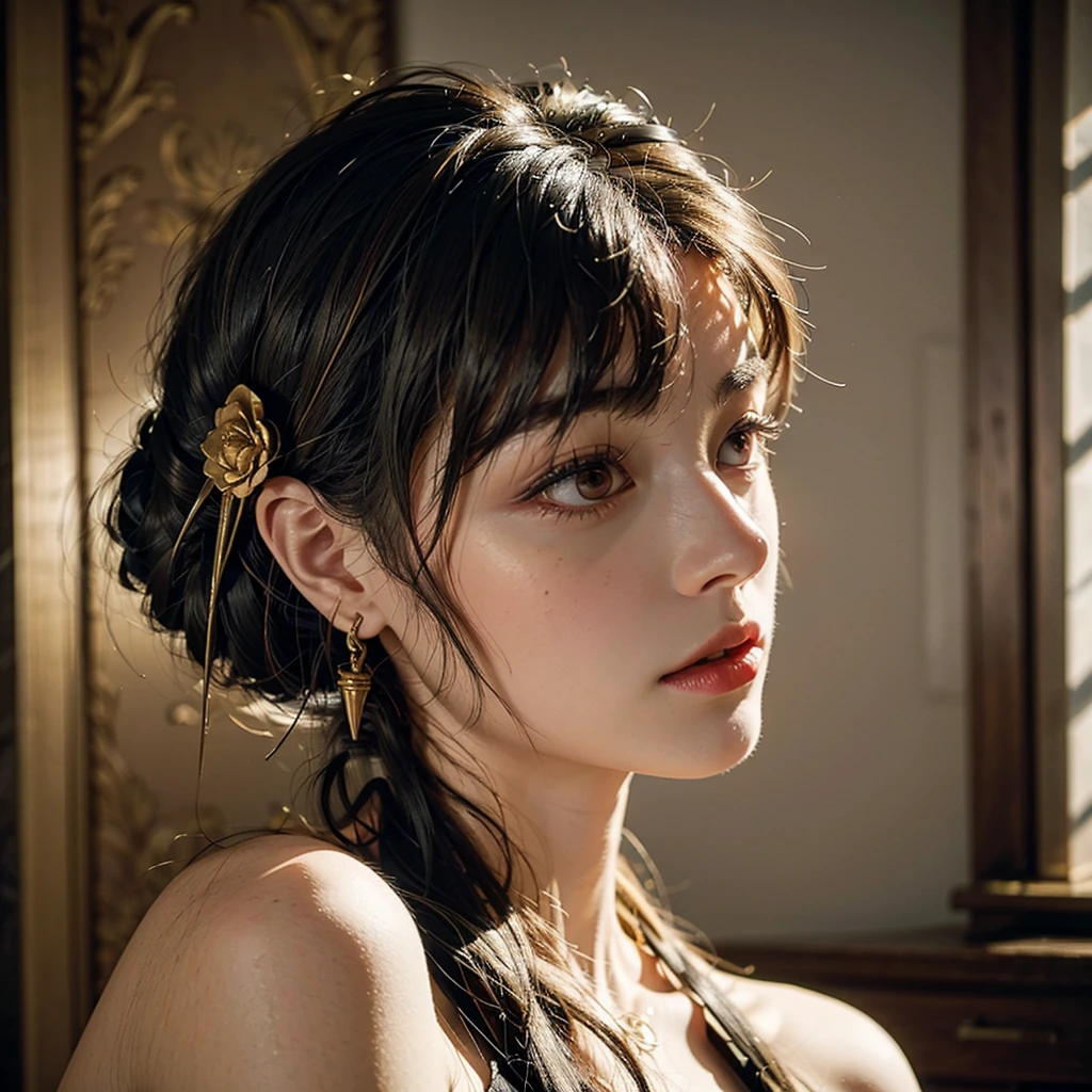 a beautiful young girl , expressive eyes, delicate facial features, and fluffy chestnut hair posing confidently while wearing a Spy x Family Yol Forger costume, the image captured as a high-quality, realistic SLR photograph with exceptional detail, vivid colors, and perfect balance, showcasing the girl's striking beauty and the intricate costume design, the lighting and composition drawing the viewer's attention to the subject's captivating gaze
