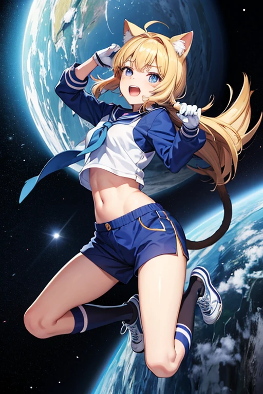 Anime drawings、Full body portrait、Space SF fighter、The person attacking is a woman around 155cm tall, around , wearing a sailor uniform and blue shorts, with cat ears.、Laughing with mouth open、The hairstyle is short、Blonde Hair、gloves、sports boots、Blue socks、He wears a blue bandana around his head、Cat-like eyes、navel