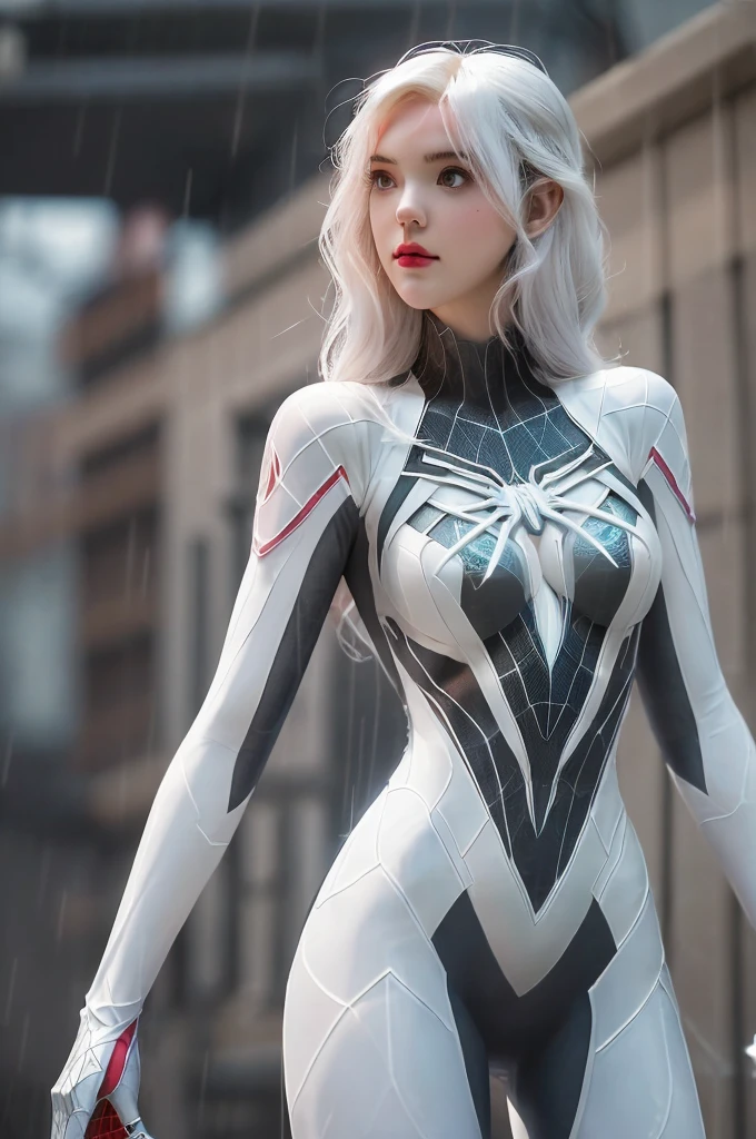 Goddess standing in rain in a silver suit, SpiderGwen, spider - gwen, SpiderGwen, Close-up Shot Shot, Gwen Stacy, glossy white armor, Shot on Canon EOS R 6, ( ( spiderwoman ) ), intricate suit, amouranth as a super villain, portrait shooting, cables on her body, intricate body, highly detailed exquisite fanart