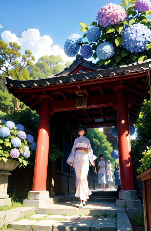 masterpiece,
 4K,
 8K,
 Several women walking along the approach to a shrine lined with blooming hydrangeas,
 Everyone is beautiful,
 It&#39;s raining so everyone is holding colorful umbrellas,
 All of them are wearing colorful yukatas.,
 Full Body Shot,
 group.,