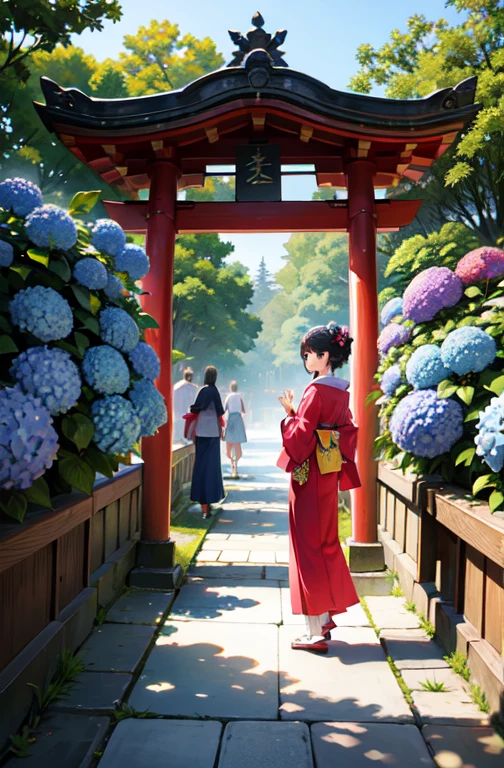 masterpiece,
 4K,
 8K,
 Several women walking along the approach to a shrine lined with blooming hydrangeas,
 Everyone is beautiful,
 It&#39;s raining so everyone is holding colorful umbrellas,
 All of them are wearing colorful yukatas.,
 Full Body Shot,
 group.,