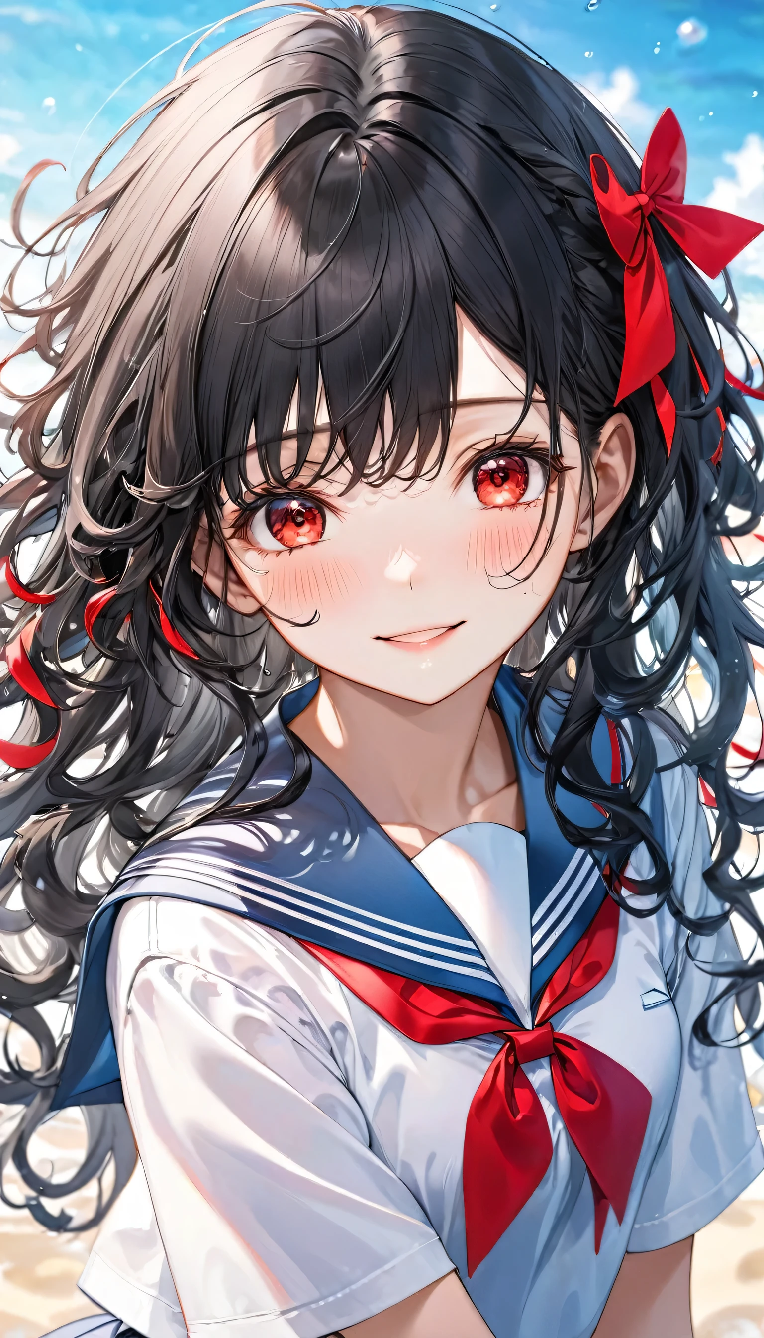 Close-up face (solo curly:1.3 black hair long hair lovely girl, lovely red eyes, cry:1.4), (15 yo), smile:0.5, break,(in a summer cute school sailor suit, skirt, red ribbon), BREAK, (background is white), perfect anatomy, masterpiece, best quality, 16k, beautiful detailed grow, daydreaming expression.
