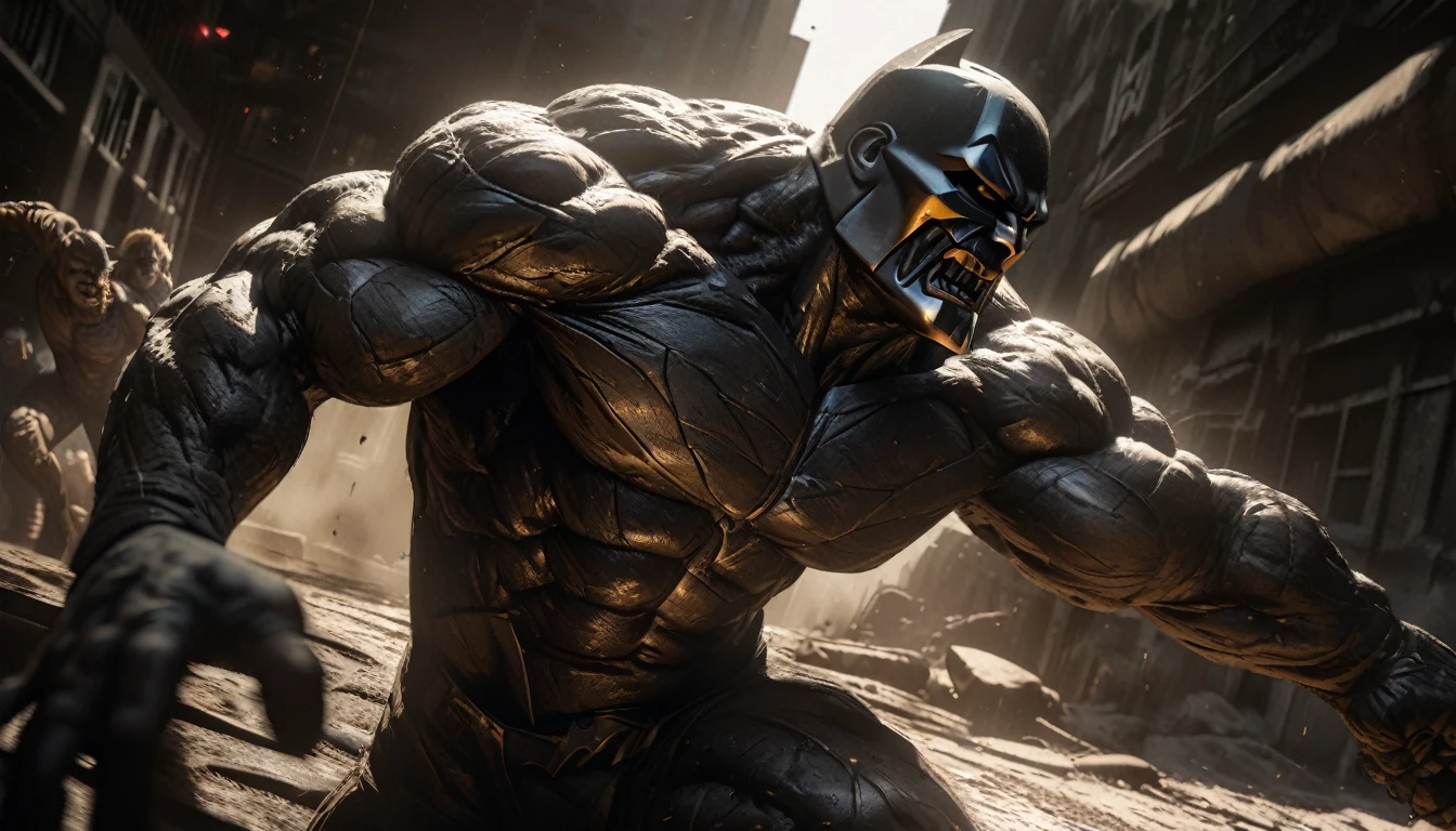 a detailed cinematic shot of batman battling clayface,highly detailed,hyperrealistic, 8k, photorealistic, cinematic lighting, chiaroscuro lighting, dramatic shadows, moody atmosphere, intense facial expressions, dynamic motion blur, muscular anatomy, cinematic camera angle, gritty urban background, muted color palette, dramatic highlights, high contrast