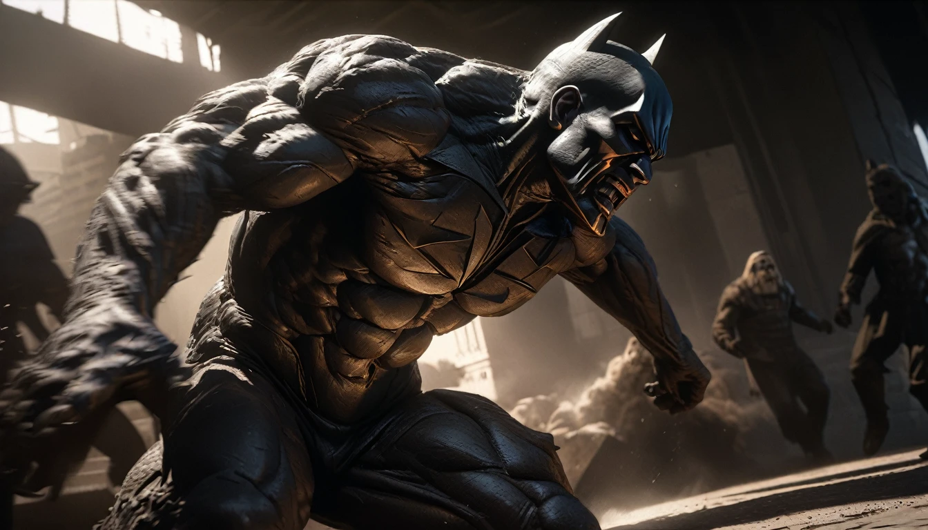 a detailed cinematic shot of batman battling clayface,highly detailed,hyperrealistic, 8k, photorealistic, cinematic lighting, chiaroscuro lighting, dramatic shadows, moody atmosphere, intense facial expressions, dynamic motion blur, muscular anatomy, cinematic camera angle, gritty urban background, muted color palette, dramatic highlights, high contrast