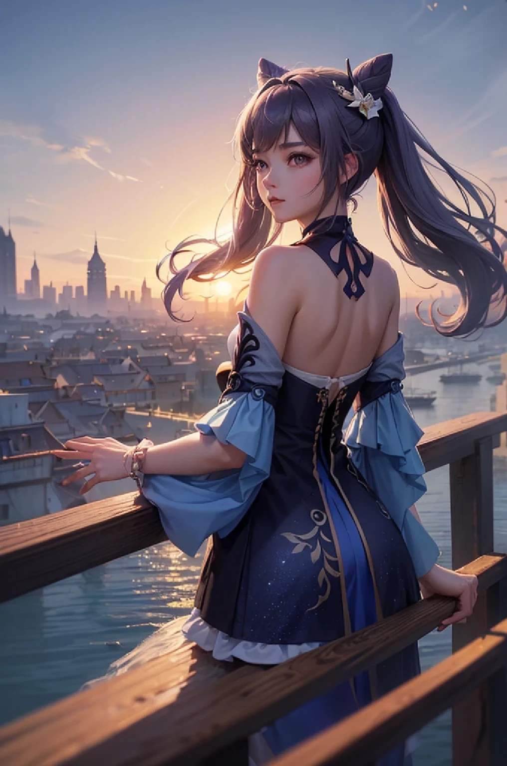 [keqingrnd]:1.5,((masterpiece,highest quality,Highly detailed images,Beautiful images))1.4(keqing images、Cities with waterways、Beautiful waterways、The wind is blowing、Overall dim lighting、Backlight、A fantastic atmosphere、Thick Fog、Dust flutters)1.3,(Close-up)1.1

