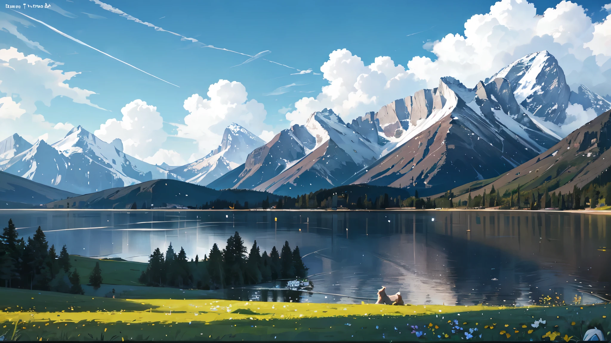 Summer, meadows, few small flowers, clear lakes, sheep, heaven, large clouds, blue sky, hot weather, HD detail, wet watermark, hyper-detail, cinematic, surrealism, soft light, deep field focus bokeh, distant view is snowy mountains, ray tracing, and surrealism.