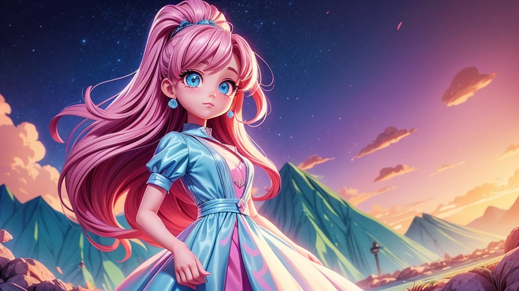 A girl in 90s anime style, long hair, big eyes, detailed face, porcelain skin, elegant posture, beautiful dress, vibrant colors, cinematic lighting, high quality, detailed illustration, anime aesthetic, soft pastel palette, dreamlike atmosphere