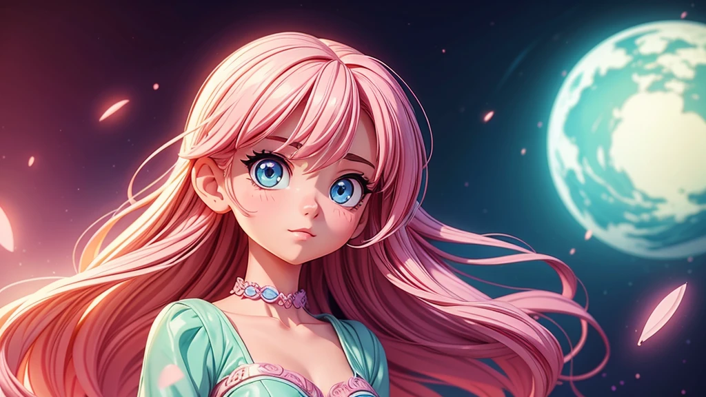 A girl in 90s anime style, long hair, big eyes, detailed face, porcelain skin, elegant posture, beautiful dress, vibrant colors, cinematic lighting, high quality, detailed illustration, anime aesthetic, soft pastel palette, dreamlike atmosphere