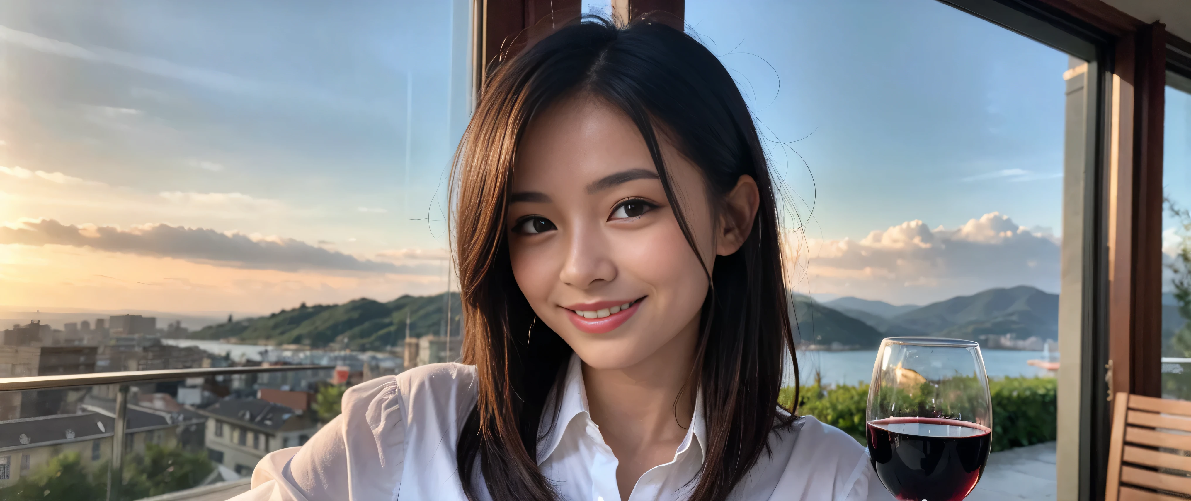 ((highest quality、8k、masterpiece:1.3))、1 male、1 female、Couple、Spouse、Couple、The body is slim、((Bob Hale、Straight hair:1.2)), (Realistic, Intricate details:1.2), Wine glass on the table、Shine light on your face、 Amazing view of the sunset sky and clouds、Amazing mountain views、A bright smile、The wonderfulness of smile、Bright image、The beauty of wine, Beautiful Face, blue eyes, The light shines on your face, Blushing, short hair,Bright Face、 (Age 37), 39 years old, red wine 、Appetizers、Italian food、Wine bottle、Champagne、sparkling wine、Two beauties、Brown Hair、Shortcuts、Long sleeve shirt、dress、Pretty Woman 1, (Slim face), (The body is slim), (Brown Hair), (Shortcuts), cheeks turn a little red,Attractive beauty、restaurant, In a prominent place (From the waist up) Nova Frog Style, actress, model, Upper Body, White wine, slim, wine glass, A wine glass placed in the center, smile, (smile: 1.15), Beautiful fine grain, Depth f/2,saturation, High Contrast, Strong light and shadow,Moist Body:1.5、3D texture、Delicate eyes、Brown Hair、The hair is very shiny、