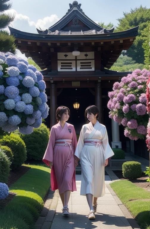 masterpiece,
4K,
8K,
Several women walking along the approach to a shrine lined with blooming hydrangeas,
Everyone is beautiful,
It's raining so everyone is holding colorful umbrellas,
All of them are wearing colorful yukatas.,
Full Body Shot,
group.,