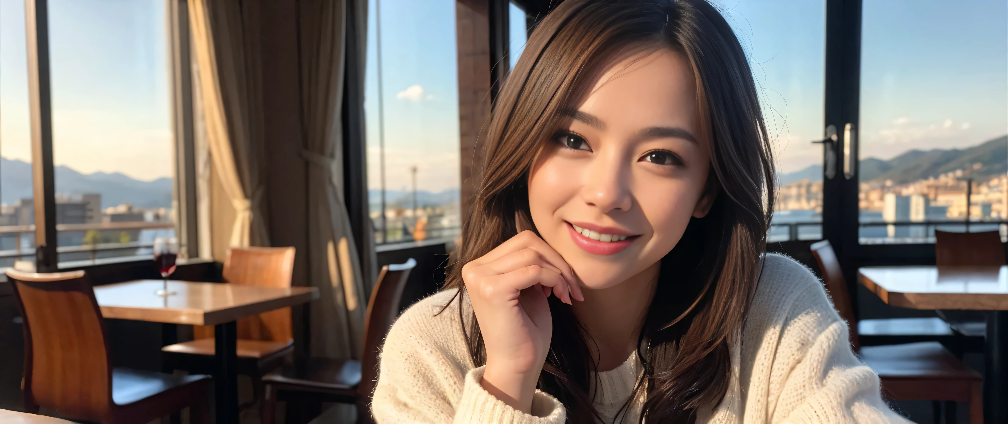((highest quality、8k、masterpiece:1.3))、1 male、1 female、Couple、Spouse、Couple、The body is slim、((Bob Hale、Straight hair:1.2)), (Realistic, Intricate details:1.2), Wine glass on the table、Shine light on your face、 Amazing view of the sunset sky and clouds、Amazing mountain views、A bright smile、The wonderfulness of smile、Bright image、The beauty of wine, Beautiful Face, blue eyes, The light shines on your face, Blushing, short hair,Bright Face、 (Age 37), 39 years old, red wine 、Appetizers、Italian food、Wine bottle、Champagne、sparkling wine、Two beauties、Brown Hair、Shortcuts、Long sleeve shirt、dress、Pretty Woman 1, (Slim face), (The body is slim), (Brown Hair), (Shortcuts), cheeks turn a little red,Attractive beauty、restaurant, In a prominent place (From the waist up) Nova Frog Style, actress, model, Upper Body, White wine, slim, wine glass, A wine glass placed in the center, smile, (smile: 1.15), Beautiful fine grain, Depth f/2,saturation, High Contrast, Strong light and shadow,Moist Body:1.5、3D texture、Delicate eyes、Brown Hair、The hair is very shiny、