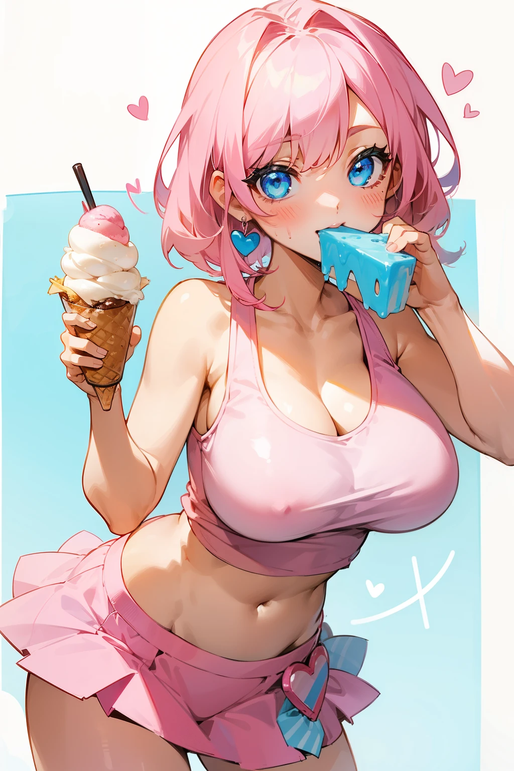 Girl, Pink hair, Blue eyes, Hearts Tank Top, Big breasts, Mini skirt, Exposed stomach, Ice cream