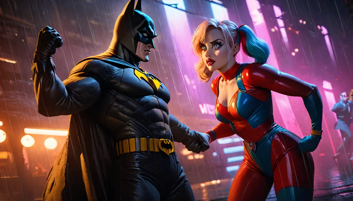 a detailed cartoon batman, batman the animated series, batman confronting the joker, harley quinn, henchmen, stopping a robbery, swanky setting, 90s cartoon art style, dramatic lighting, cinematic composition, highly detailed characters, vivid colors, masterpiece, (best quality,4k,8k,highres,masterpiece:1.2),ultra-detailed,(realistic,photorealistic,photo-realistic:1.37),extremely detailed eyes and face,longeyelashes,beautiful detailed eyes,beautiful detailed lips,dynamic action poses,cinematic camera angles,dramatic shadows,neon lighting,rain effects,moody atmosphere