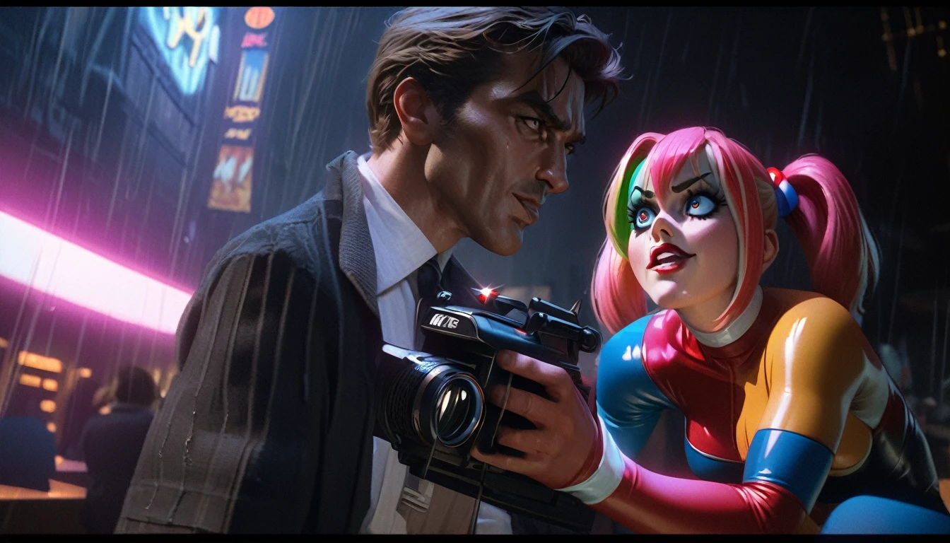 a detailed cartoon batman, batman the animated series, batman confronting the joker, harley quinn, henchmen, stopping a robbery, swanky setting, 90s cartoon art style, dramatic lighting, cinematic composition, highly detailed characters, vivid colors, masterpiece, (best quality,4k,8k,highres,masterpiece:1.2),ultra-detailed,(realistic,photorealistic,photo-realistic:1.37),extremely detailed eyes and face,longeyelashes,beautiful detailed eyes,beautiful detailed lips,dynamic action poses,cinematic camera angles,dramatic shadows,neon lighting,rain effects,moody atmosphere