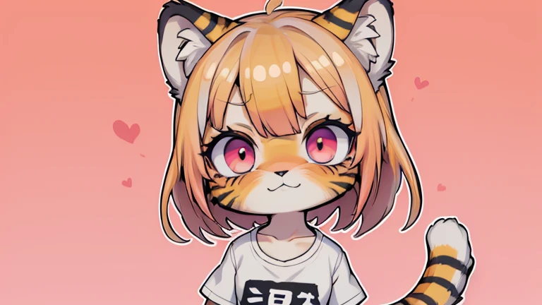 (obra maestra, Alta calidad, mejor calidad, 8K, high resolution), ((estilo chibii, Chibi lindo)), (solo, 1 girl), {Tiger Girl, cara de tigre, 2 colmillos, long eyelashes, delineador de ojos} {bigotes de tigre}, (((Piel de tigre por todo el cuerpo., Rayas de tigre en el cuerpo.))), (pelo naranja), cabello corto, Pinza para el cabello, [[Pinza para el cabello white flower on hair]], ((Muy feliz)), ((boca abierta)), ojos naranjas, [pupilas negras], ((buscando)), (very small breasts), brazos delgados, (un brazo arriba, un brazo hacia abajo), axilas, ((mini camiseta rosa, camiseta rosa completa)), {shorts blancos}, {{{mini cola de tigre, Cola en la espalda}}}, (cuerpo completo), (((de pie, jump angle))), dynamic pose, Fondo blanco, fondo sencillo, ((((Estilo Tora-chan no Hanayome)))), (old anime style 40s), estilo animado, anime color.