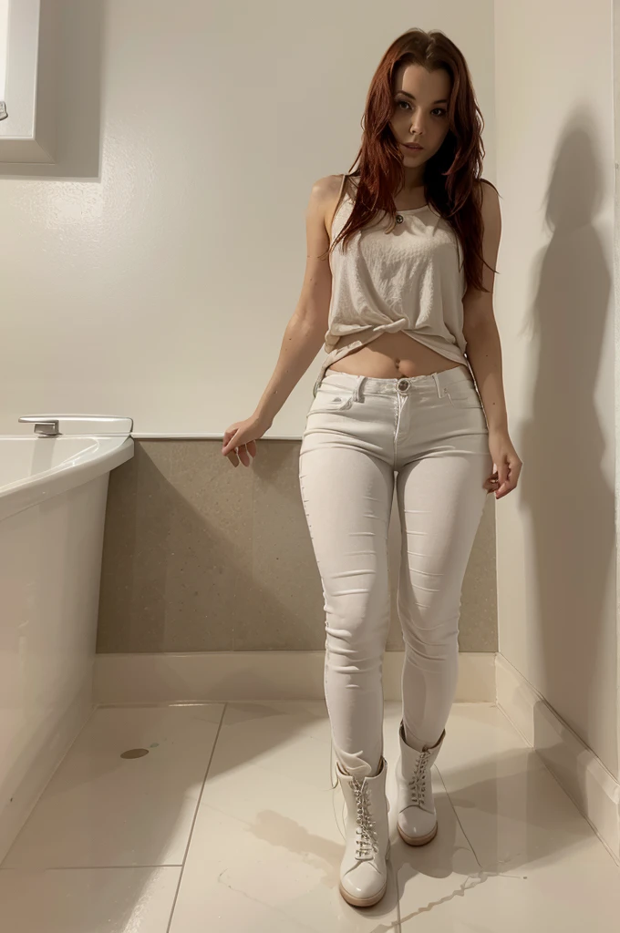 Woman, redhead, high heel boots, skinny jeans, white blouse, standing in bathtub, partially wet, pp clothes, show boots
