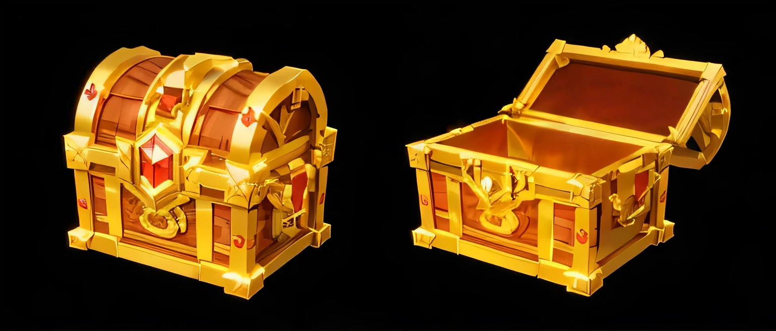 Close-up of two boxes, one closed, one open, ui design,treasure chest, stylized game art, 3D ICONS for mobile games, game icon resources, game UI asset design, treasure Chest, stylized game ICONS, isometric Ul interface with 3d elements, 3d rendering, hologram, high detail, gad rays, c4d, 8k，