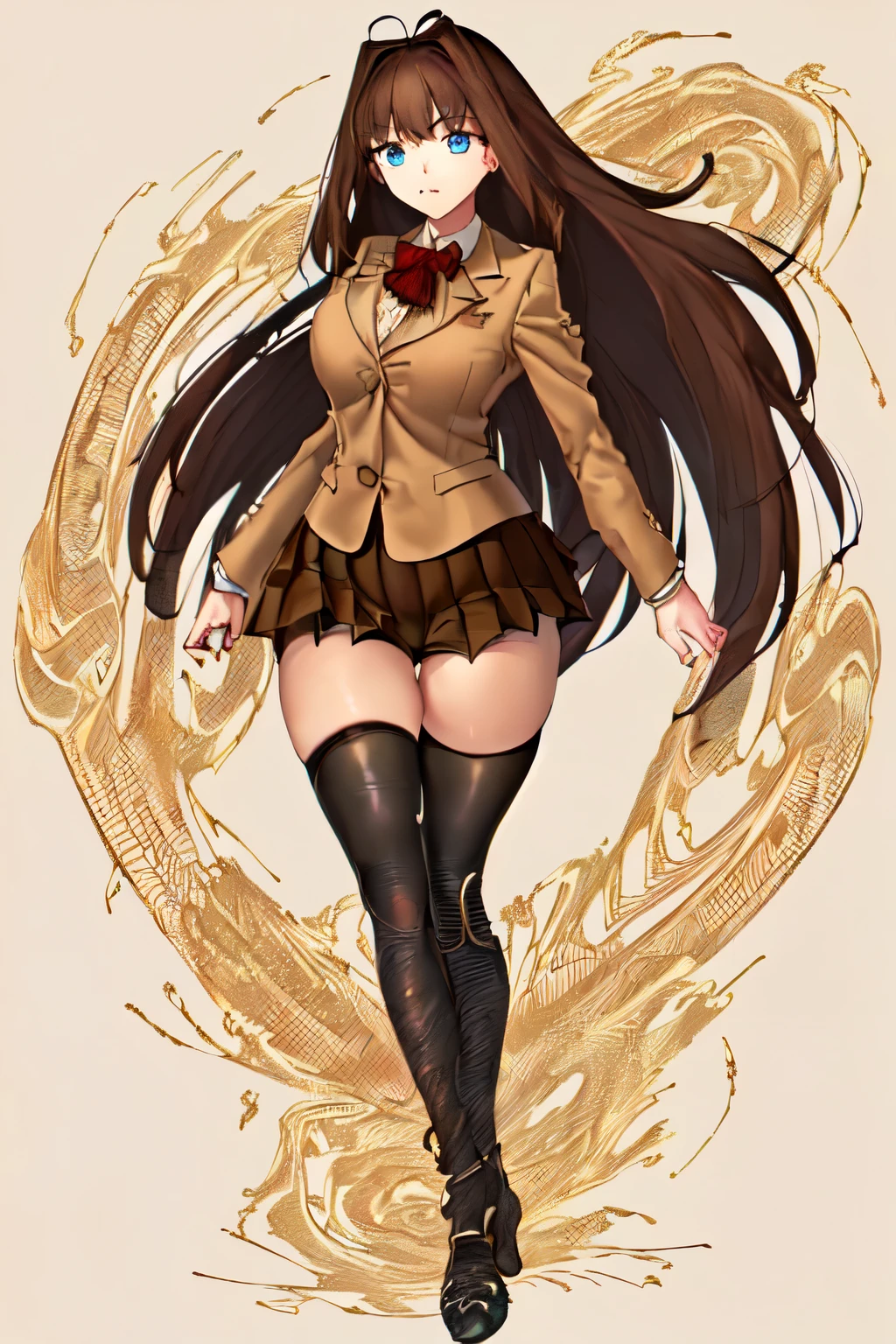 ((1girl:1)), ((solo:1.5)), colorful, hyper detail, intricate details, best quality, high contrast, bbaoko, (((only 2 legs:1.5))), (lush luscious hair:1.5), blue eyes, (very long hair:1.1), ((Swirling hair:1.5) (chestnut-brown hair with slightly reddish undertone), red bowtie, (Form-fitting beige blazer:1.5), brown jacket, (white shirt:1), (well shaped large breasts:1.2), nice hips, (((Umber pleated-skirt:1.5))), (((black spandex shorts:1.5))), (2 nice thighs with visible skin:1.2), (2 symmetrical black thigh-high stockings:1.5), (brown Strap-Shoes), ((standing straight:1)), ((Fullbody in frame including full shoes:1.5)), ((Full body:1.5)), white-empty background, (((empty background:1.8))), (facing front:1.5)