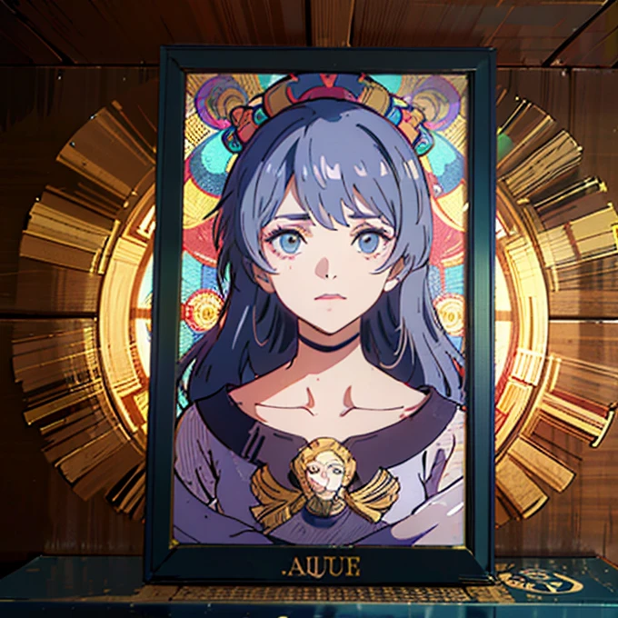 alphonse mucha, bruxa, anime, signo, elemento, Water, sign Aquarius, hat de bruxa, hat, hat azul, janela, high resolution, 8k, ((hat)), roxo, lilaz, neon, neon, luz, ((Moldura alphonse mucha, simples, desenho simples.)) (( quadro alphonse mucha))