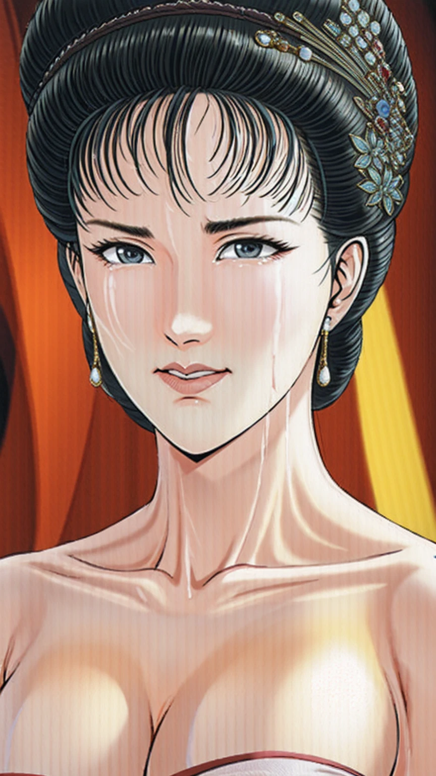 (best quality), (very aesthetic), (ultra-detailed), (best illustration),(a mature female),(perfect face),Suikoden,Mrs. Lin,(NSFW),((full_body)),((full_nude)),((Are crying)),Right hand covering mouth,red cheek,sweating,skinny,flushed skin,hairly pussy,There is white semen all over the body,There is white semen on the lips,chinese traditional bed room,Overlooking