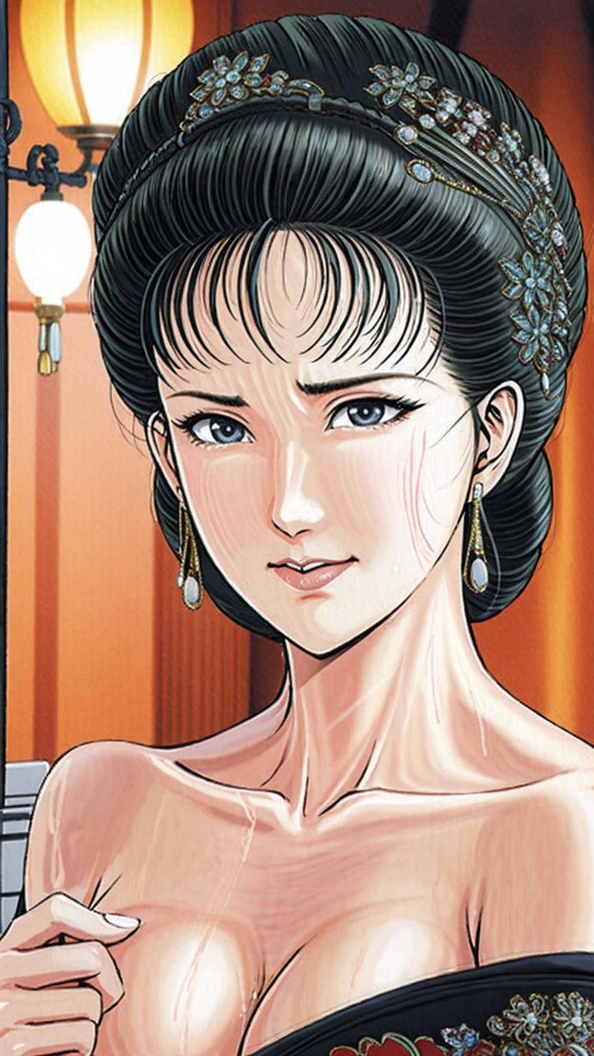 (best quality), (very aesthetic), (ultra-detailed), (best illustration),(a mature female),(perfect face),Suikoden,Mrs. Lin,(((NSFW))),((full_NUDE)),((full_body)),(Woman with pubic hair),ahegao,red cheek,sweating,skinny,flushed skin,(standing),traditional Chinese bedroom,