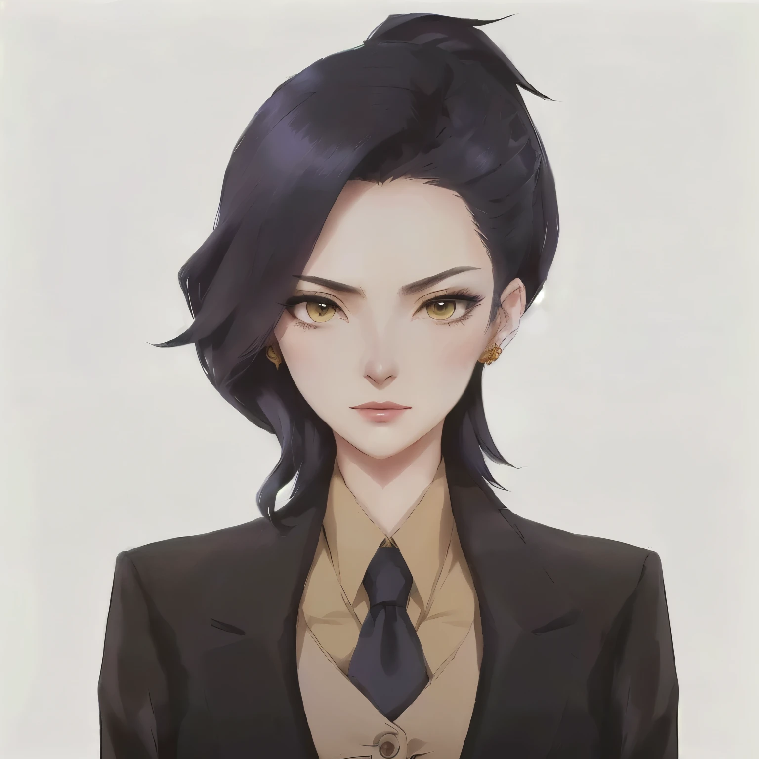A man in a suit and tie、woman with serious expression, anya from spy x, Attractive androgynous humanoid,ace lawyer maya fey, Delicate hermaphroditic prince, Nico Robin, Official character illustrations, beautiful androgynous prince