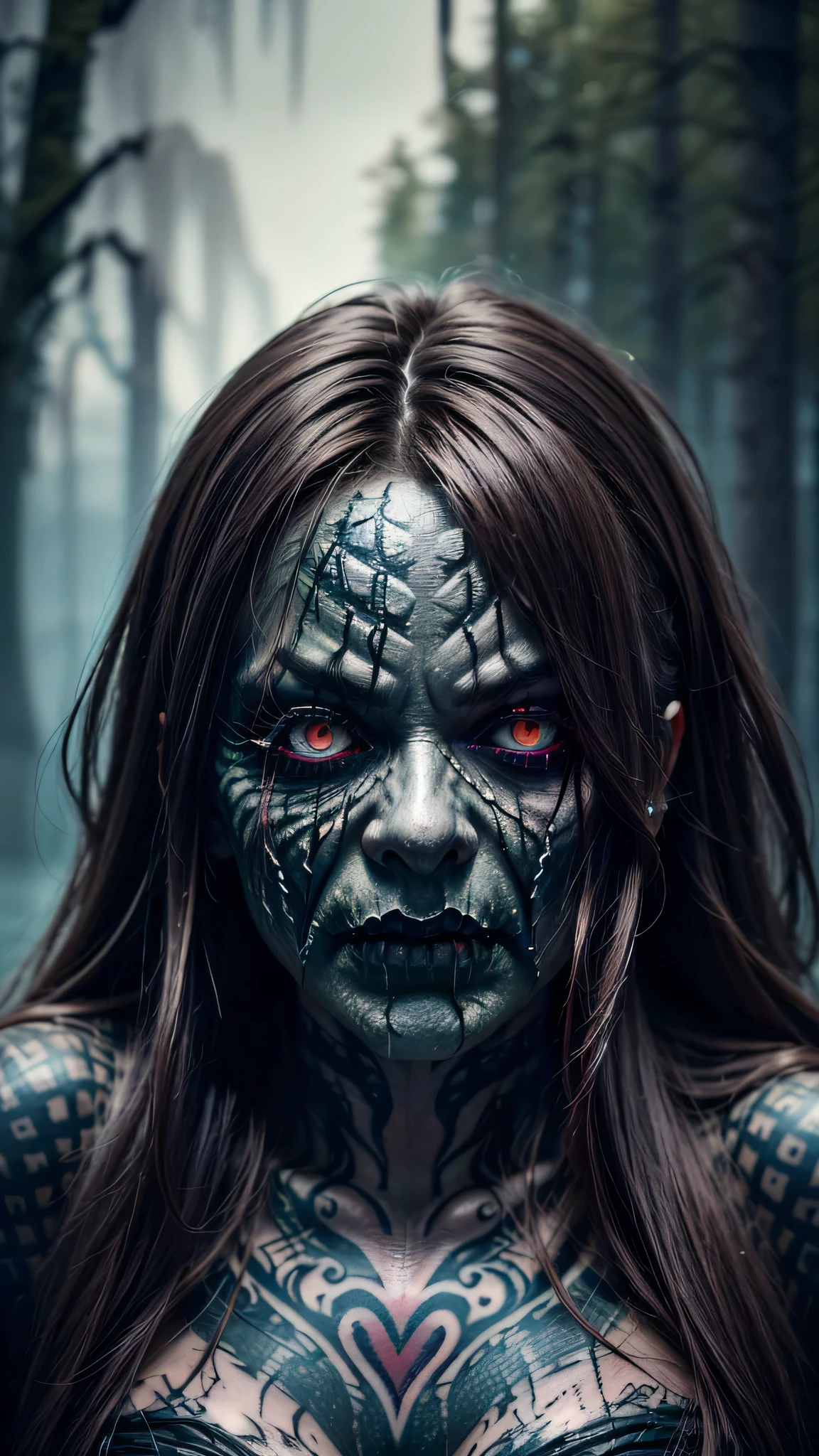 ((best quality: 1.5)) ((masterpiece)), intricate details, sharp focus, professional, real life, realistic representation of the face, dynamic pose, in the style of realistic and hyper detailed renderings BREAK ((detailed (((terrifying old swamp hag, blackout eye makeup:1.4, portrait, tattoo:1.4))), [black hair:purple hair:0.8], messy frizzy hair, [flat chest:medium breasts:0.8], maroon black robe, night, dim lighting, firelight, looking away, black lipstick, professional lighting, photon mapping, radiosity, physically based rendering, ultra resolution, hyper-realistic)), photorealistic, hyper-realistic, 8K
