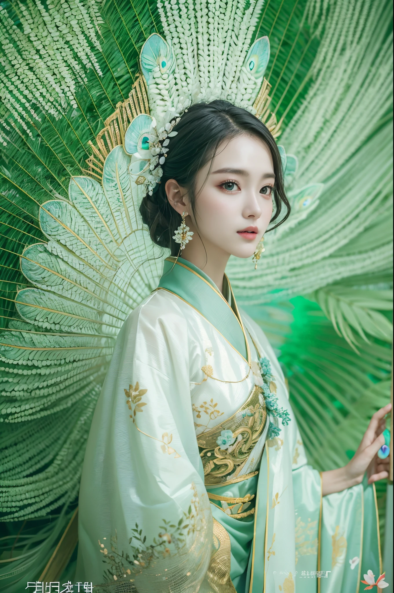 Best quality,masterpiece,16k,Artistic,White peacock and beauty,Peacock Feather Hanfu,Special effect,1girl,Dynamic poses,Looking at the camera,