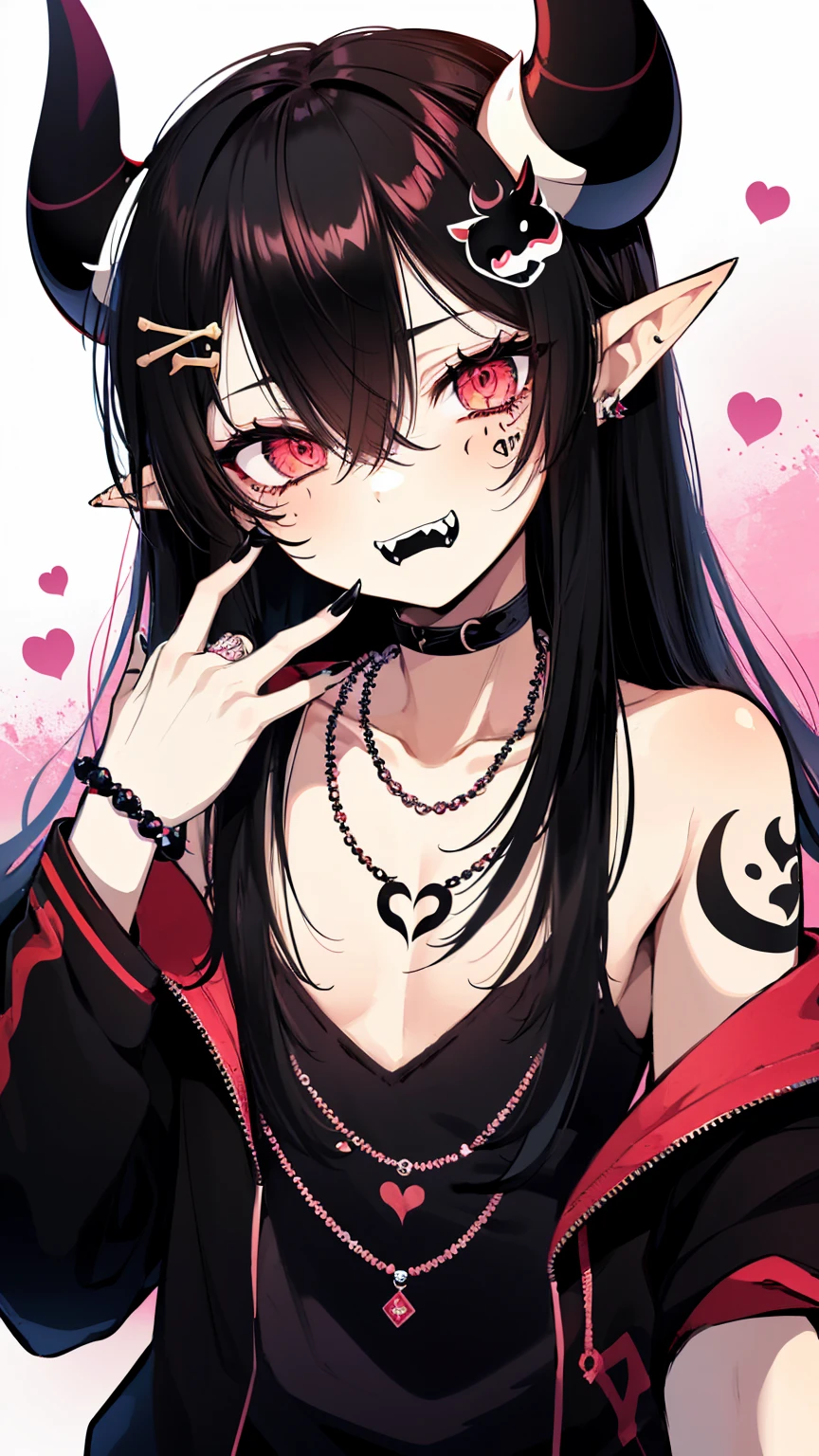 solo, pointy ears , black nails, long hair , necklace, male focus, mask, horns, jewelry, fangs, 1boy, tattoo, upper body, beads, bead necklace, oni mask , tusks , oni, straight-on, looking at viewer, collarbone, hand up, blank eyes, fingernails, sleeveless, shoulder tattoo
///////////