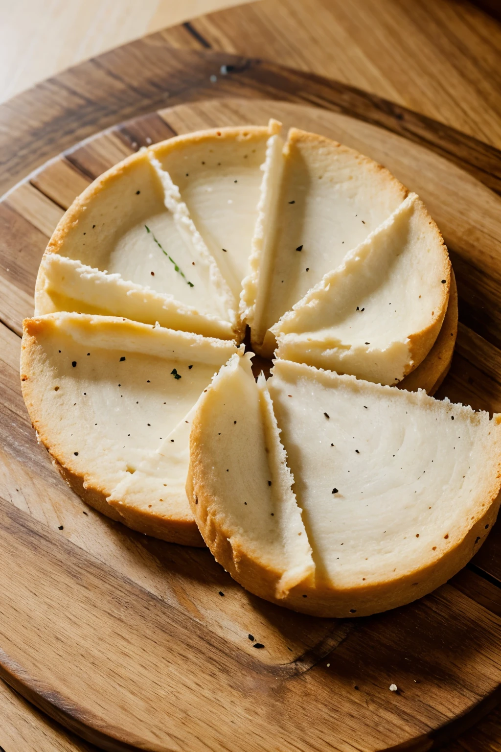 circular vegan esfihas on a wooden board seen in close-up