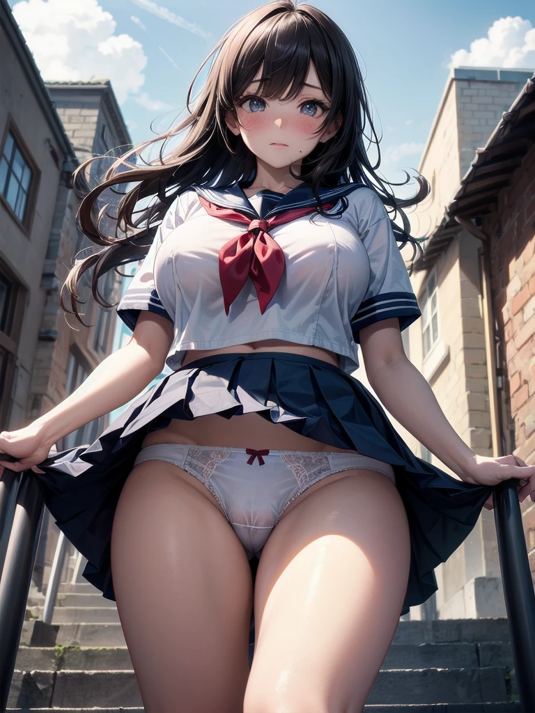 nsfw, (highly detailed beautiful face and eyes:1.2), 1girl, solo, nsfw, huge breasts, (show off breasts), (sailor school uniform), (navy blue pleated mini skirt:1.15), from below, (white panties, lift skirt, pantie shot, blush,), ((embarrassed)), (town overview), detailed landscape, (best quality,masterpiece:1.2), intricate details, extremely detailed,8k resolution, natural lighting, hair fluttering in the wind,